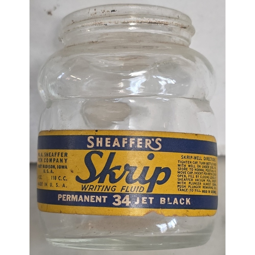 Vintage Sheaffer Skrip Writing Fluid Permanent Jet Black Ink Glass Bottle